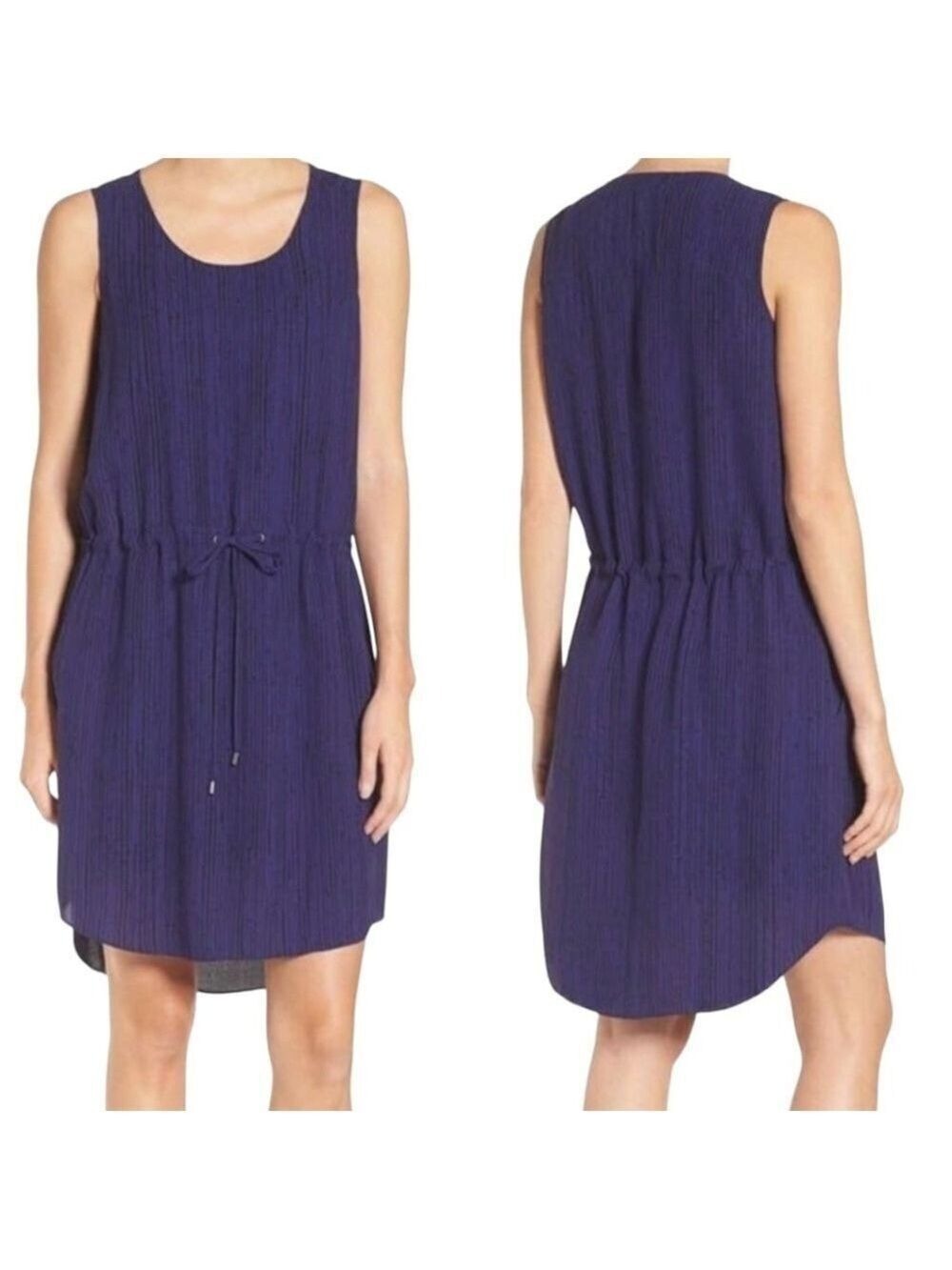 EILEEN FISHER Shima Dark Night 100% Silk Crepe Lined Dress Drawstring Waist XS